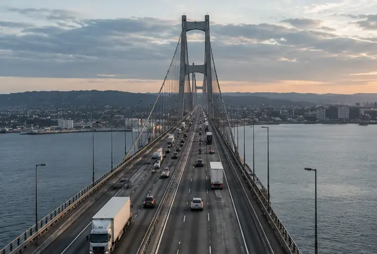 Trucks crossing a suspension bridge