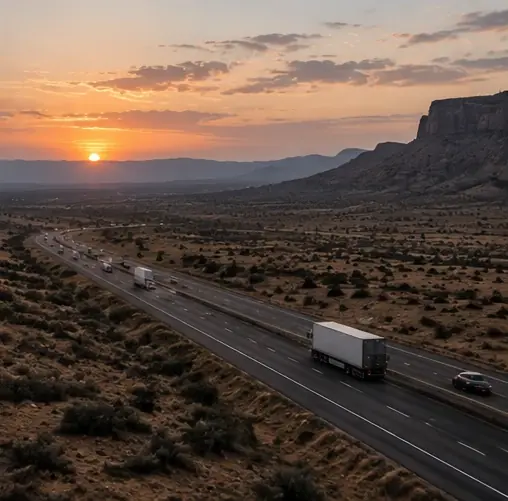 A truck on a desert highway at sunset