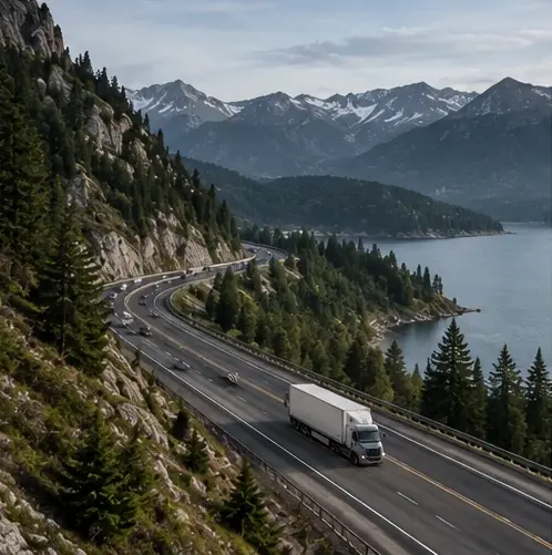 A truck on a mountain road above a lake
